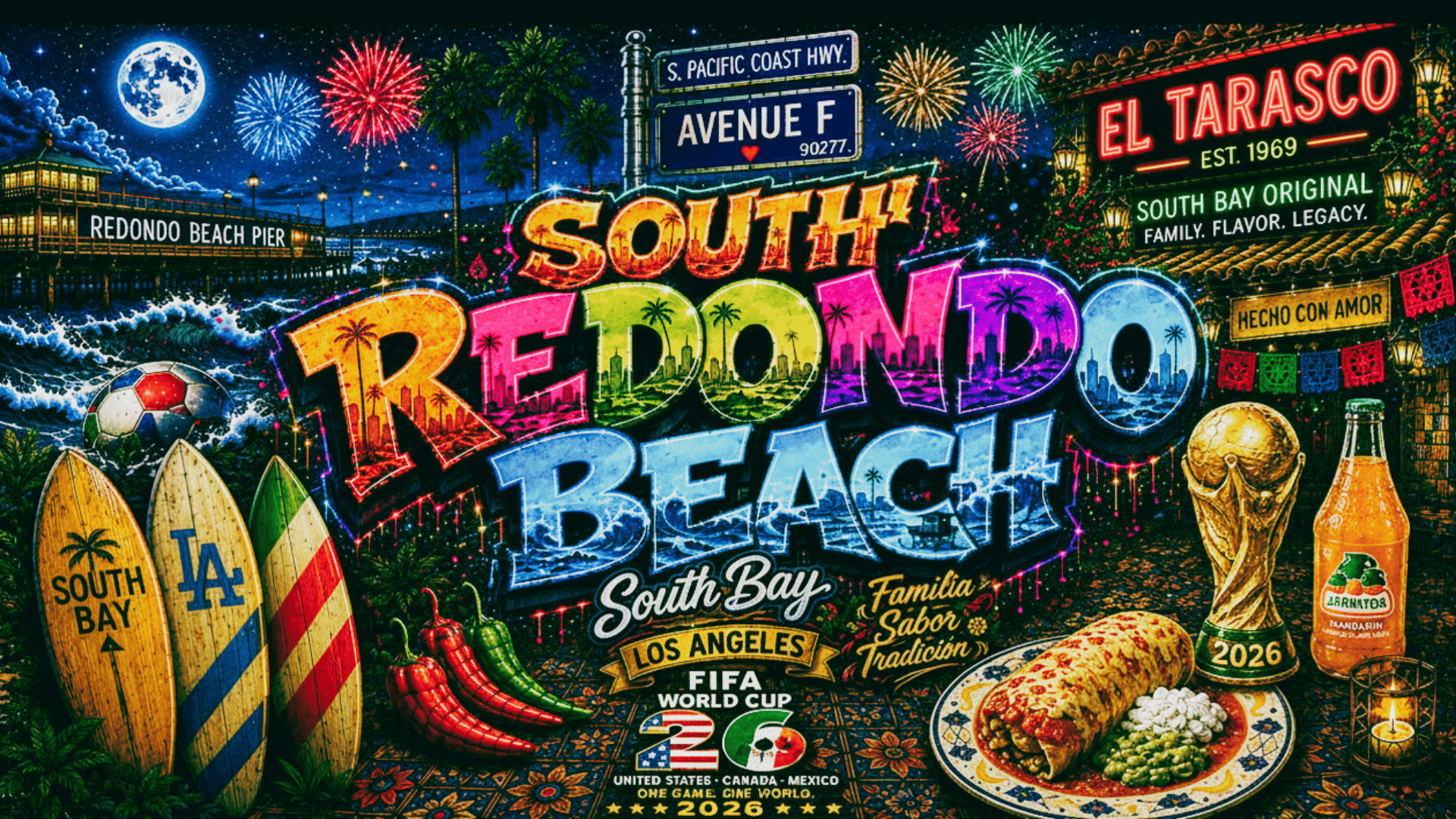 COLORFUL IMAGE OF SOUTH REDONDO BEACH LETTERING IN HONOR OF WORLD CUP 2026