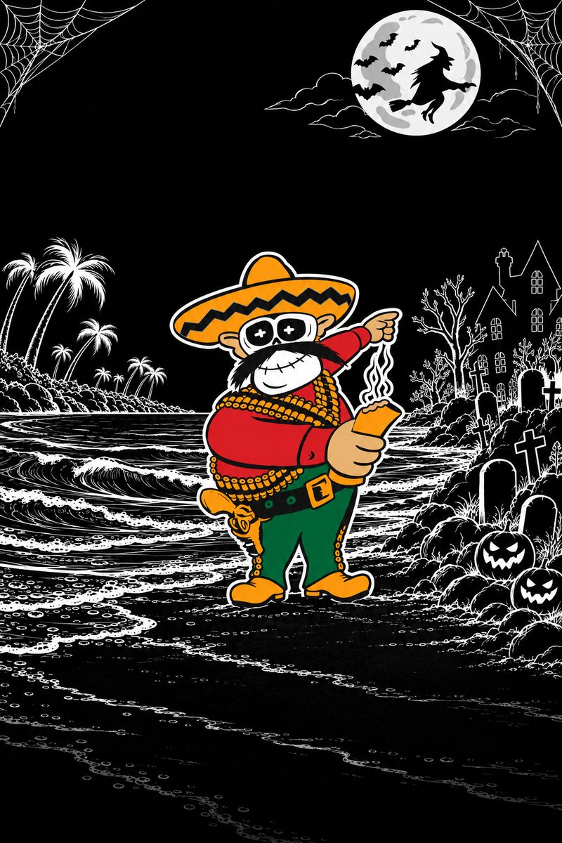 The El Tarasco mascot in his sombrero, dressed up for Halloween with a skull face, on a moonlit beach with a witch across the full moon, a haunted house and graves