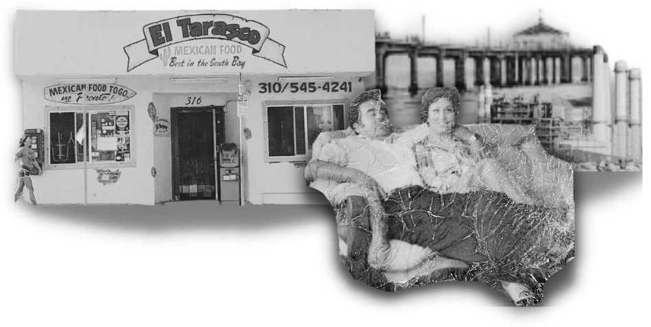 An early El Tarasco storefront, a couple on a couch and the pier, in black and white